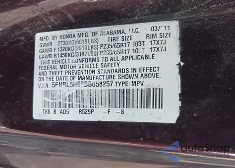 2011 Honda Odyssey Ex-L z USA, uszkodzony, nr VIN 5FNRL5H65BB058257